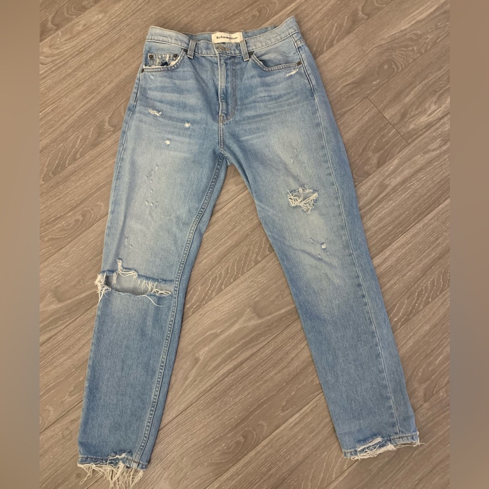 Reformation distressed Julia high cigarette jean, light wash
